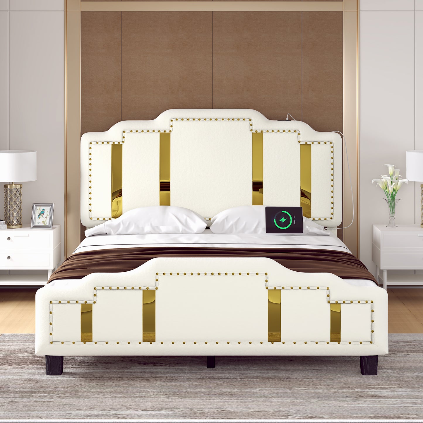 Velvet Upholstered Bed frame, Golden Metal Riveted and Sequined Headboard