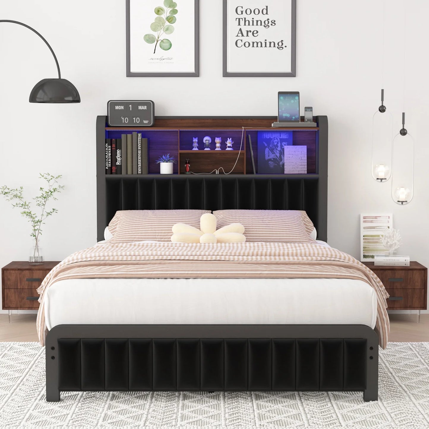 E-motie LED Bed Frame with Storage Headboard & Footboard, USB Ports & Outlets