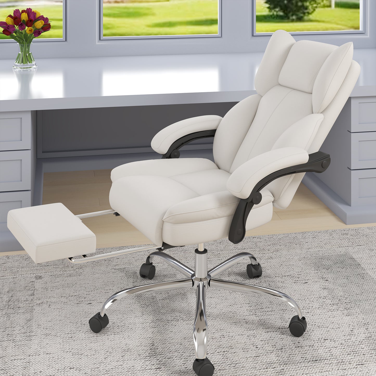 E-Motie Home Office Ergonomic Chair, High Back Computer Chair with Flip-up Arms and Footrest for Work, 600lb