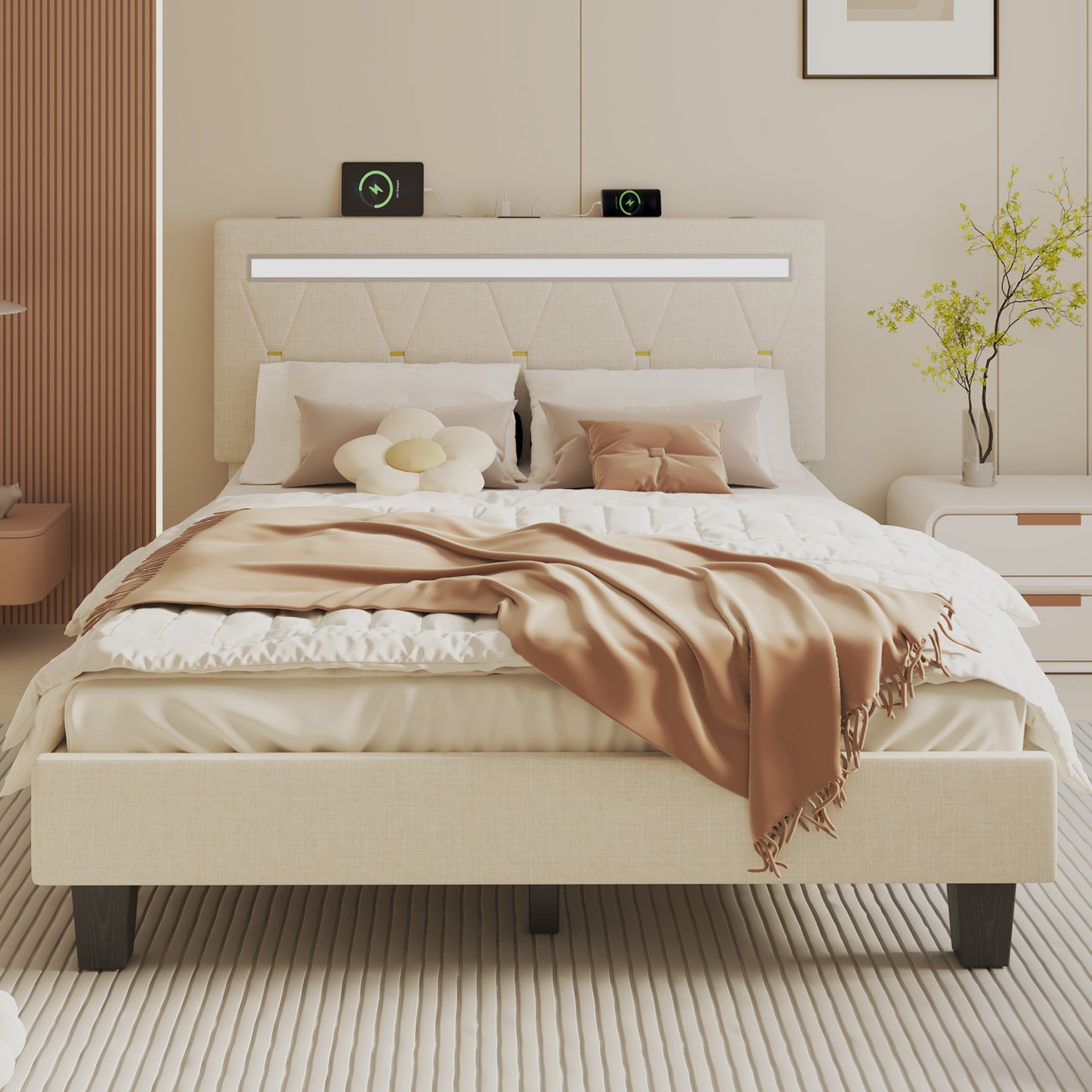 E-motie Upholstered Bed Frame with Adjustable Headboard, LED Platform Bed with Bluetooth Speakers,Charging Station