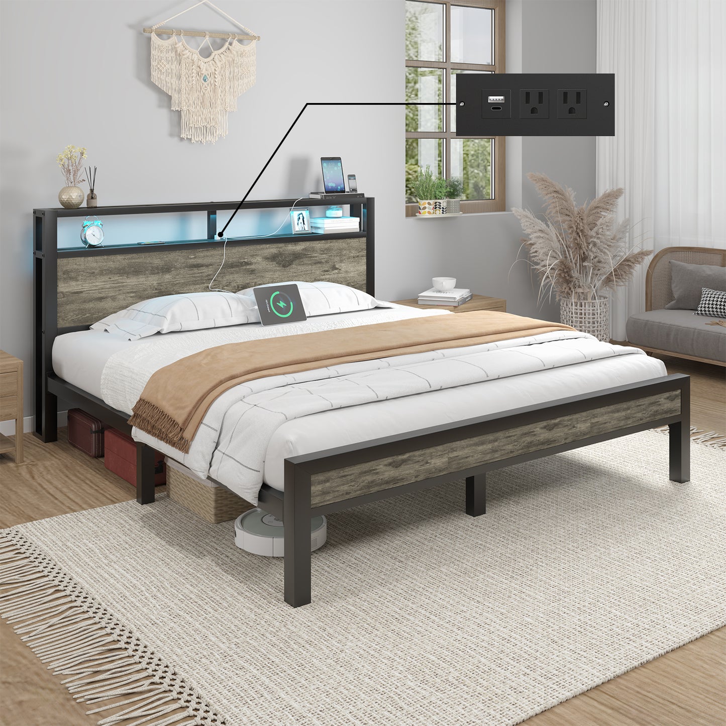 E-motie Bed Frame with Storage Headboard, Metal Platform Bed with LED Lights