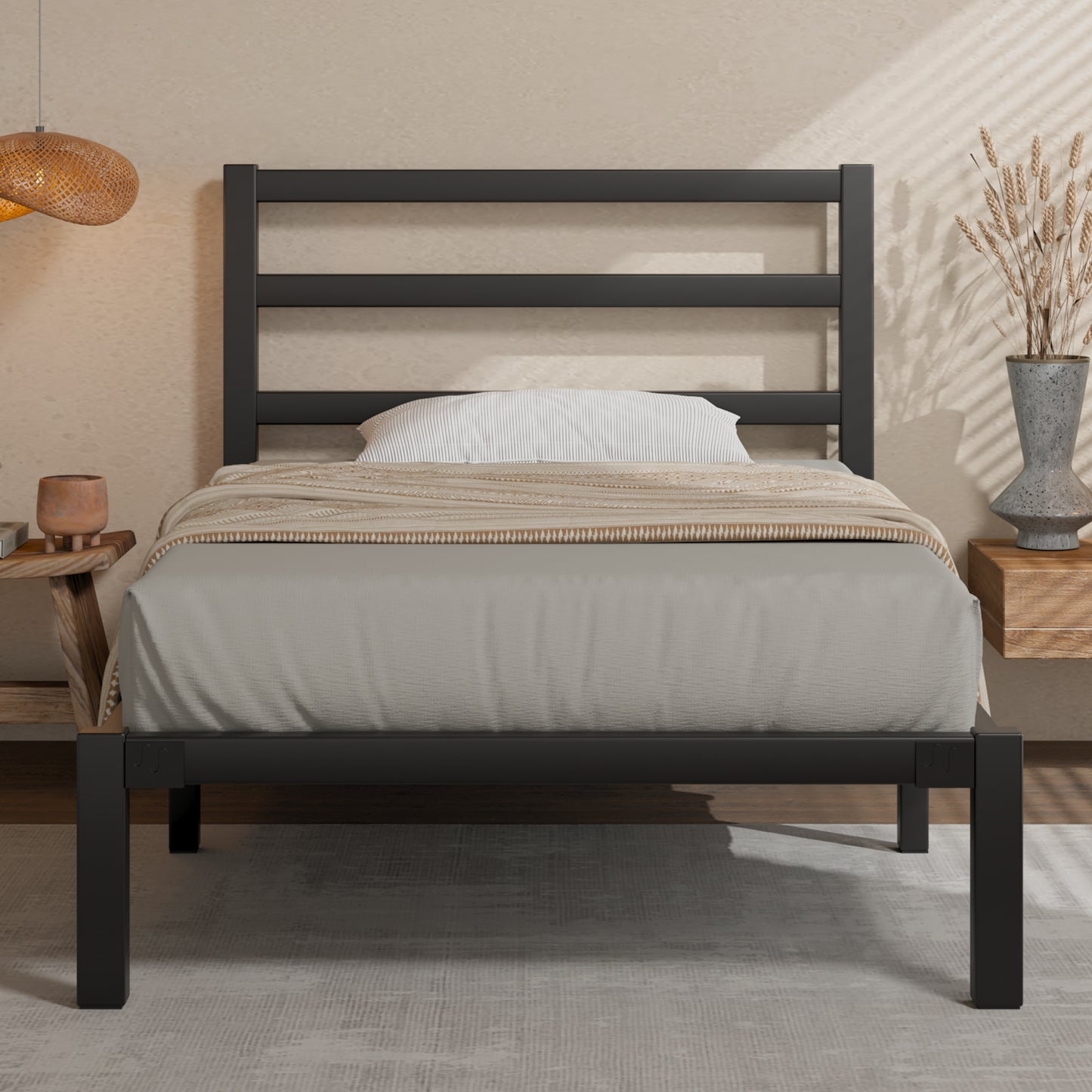 E-motie Metal Platform Bed Frame with Headboard, Under-Bed Storage