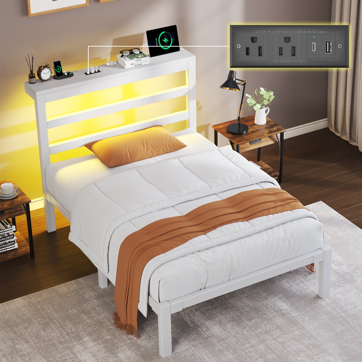 E-motie Metal Platform Bed Frame with Headboard, Under-Bed Storage