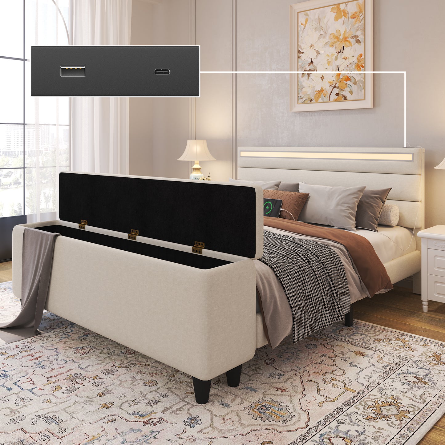 E-motie Upholstered LED Bed Frame with Storage Ottoman and Charging Ports