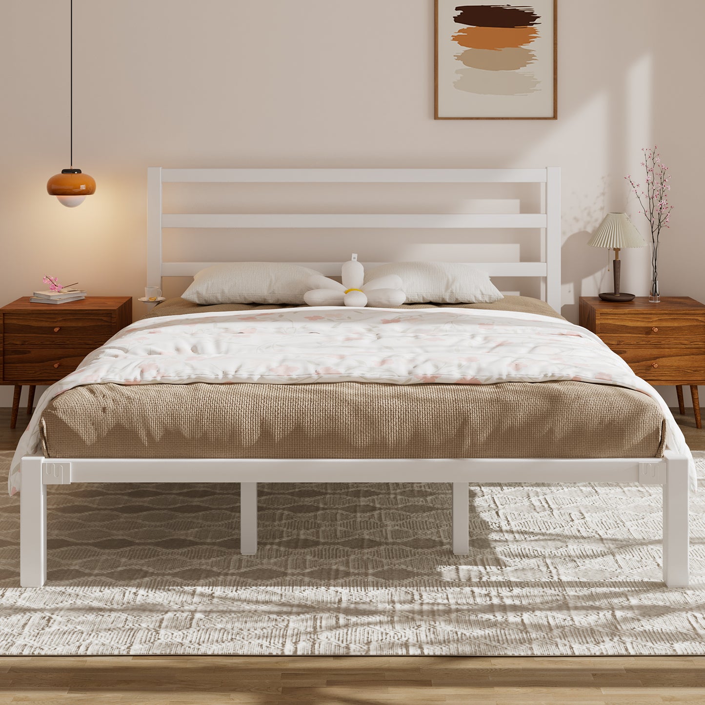 E-motie Metal Platform Bed Frame with Headboard, Under-Bed Storage