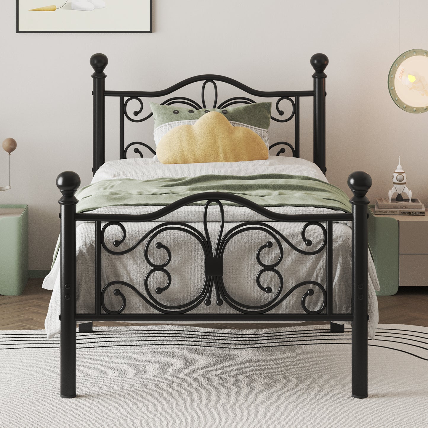 E-motie Metal Platform Bed Frame with Butterfly Pattern Vintage Headboard & Footboard, Underbed Storage