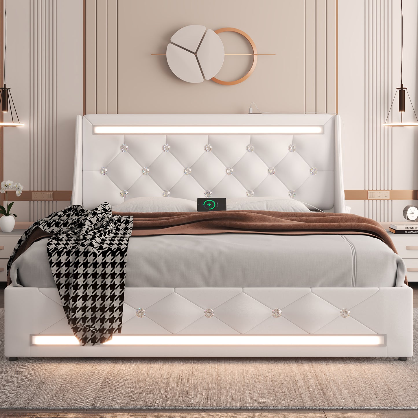 E-motie Upholstered LED Bed Frame, Wingback Crystal Button Tufted, LED&Charging Station