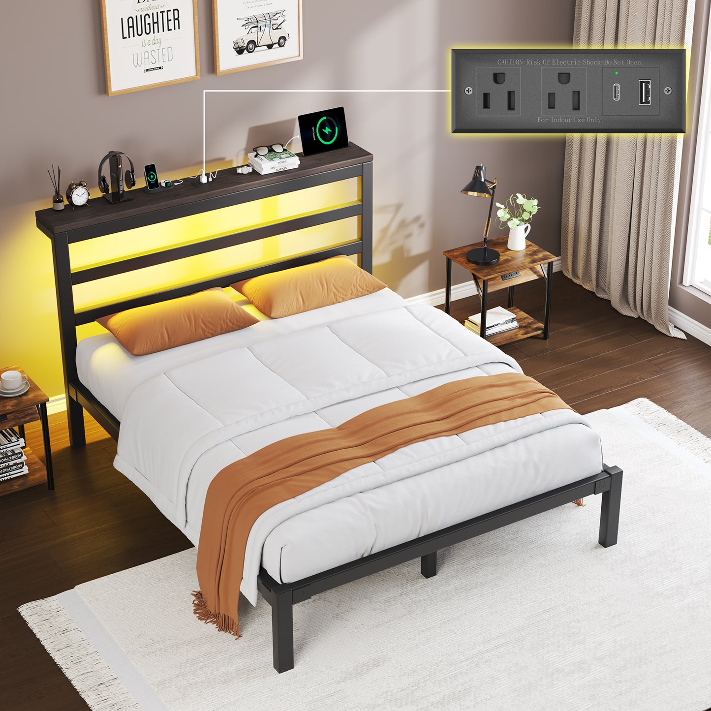 E-motie Metal Platform Bed Frame with Headboard, Under-Bed Storage