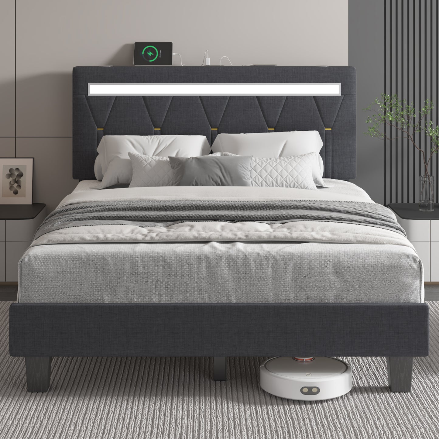 E-motie Upholstered Bed Frame with Adjustable Headboard, LED Platform Bed with Bluetooth Speakers,Charging Station