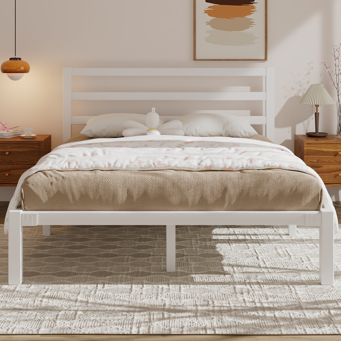 E-motie Metal Platform Bed Frame with Headboard, Under-Bed Storage