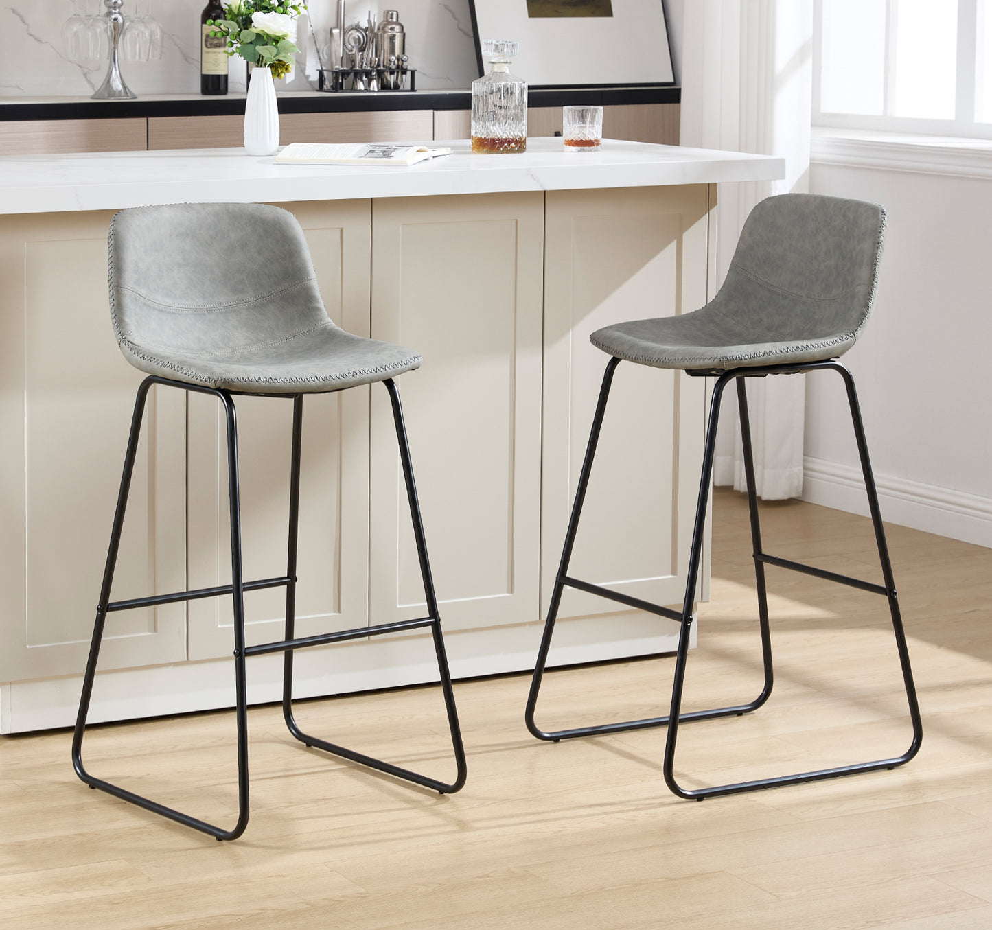 Bar Stools Set, 39.4" Counter Height Faux Leather Bar Stools with Ergonomic Backrest and Metal Footrest, for Dining Room,Kitchen, Counter Bar