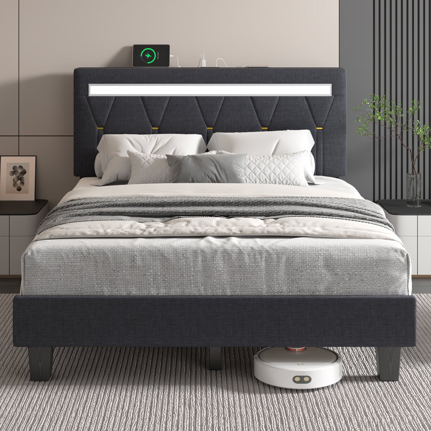 E-motie LED Bed with Charging Station, Platform Bed Frame with Upholstered Button Headboard
