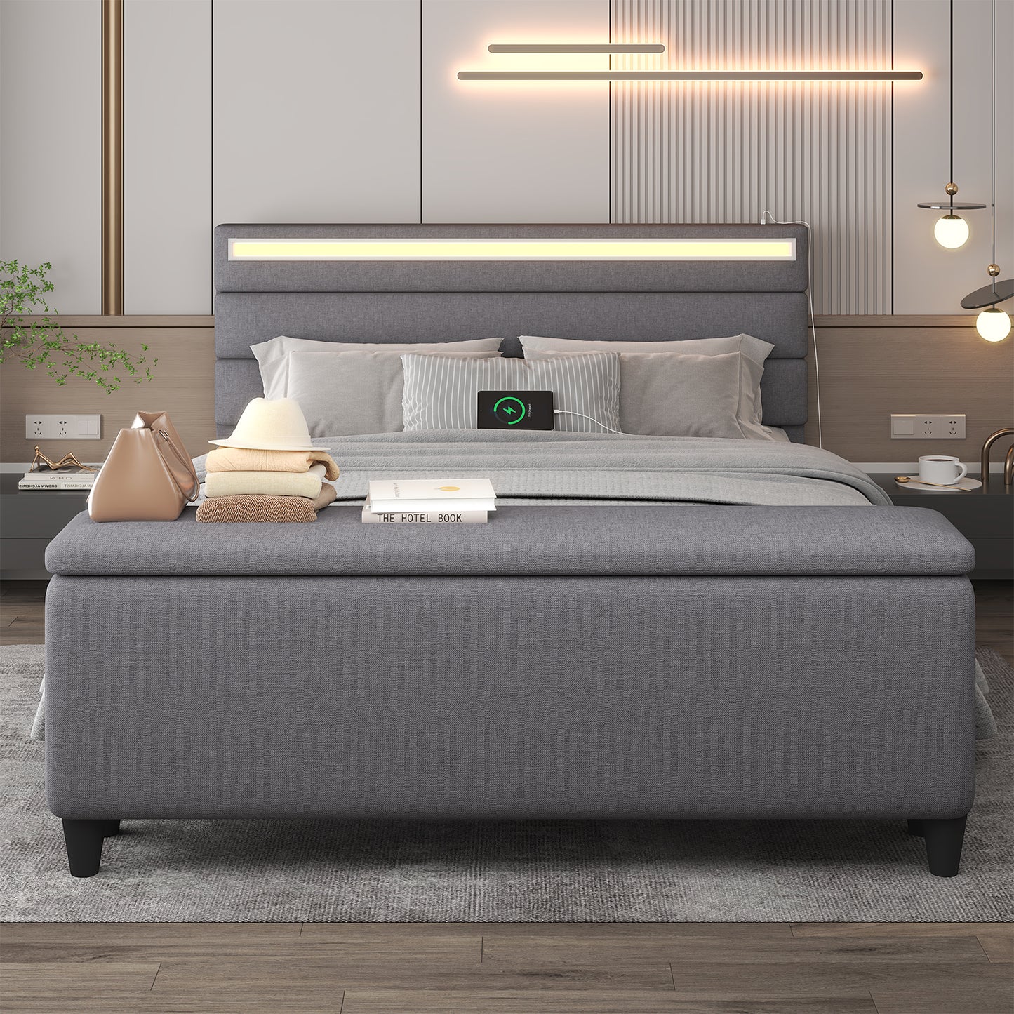 E-motie Upholstered LED Bed Frame with Storage Ottoman and Charging Ports