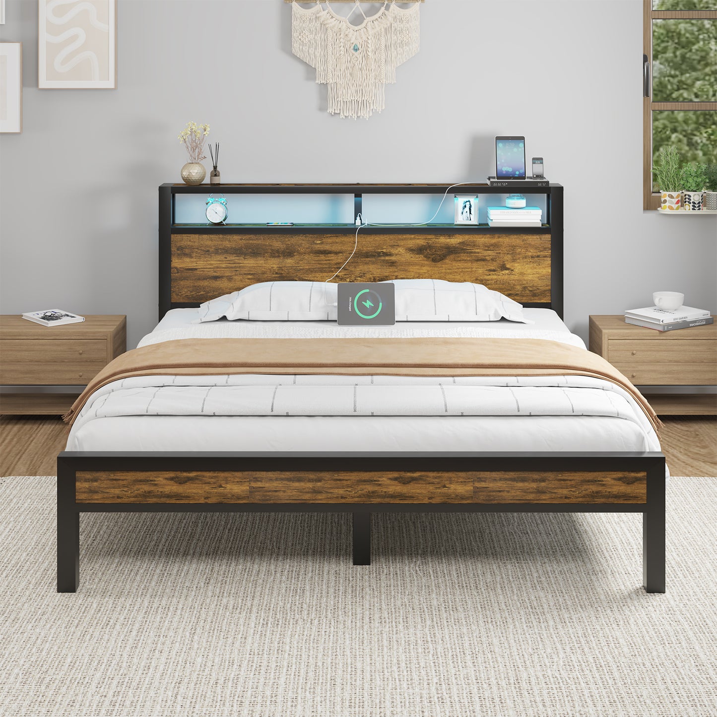E-motie Bed Frame with Storage Headboard, Metal Platform Bed with LED Lights
