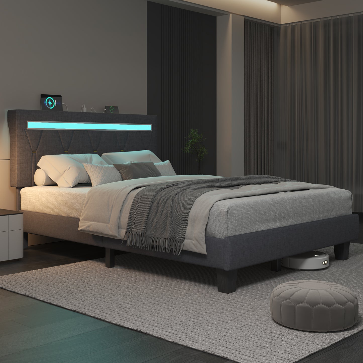 E-motie LED Bed with Charging Station, Platform Bed Frame with Upholstered Button Headboard