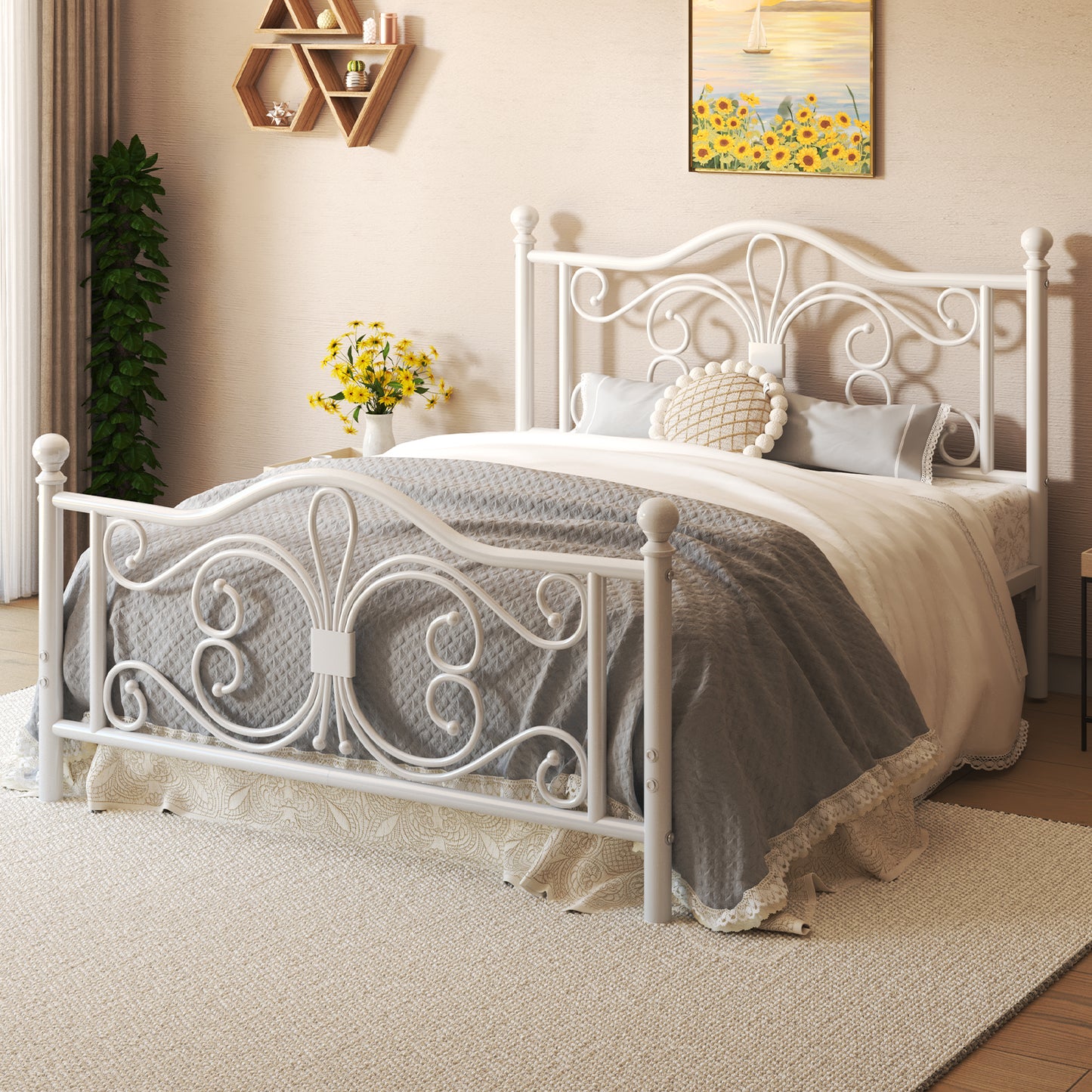 E-motie Metal Platform Bed Frame with Butterfly Pattern Vintage Headboard & Footboard, Underbed Storage