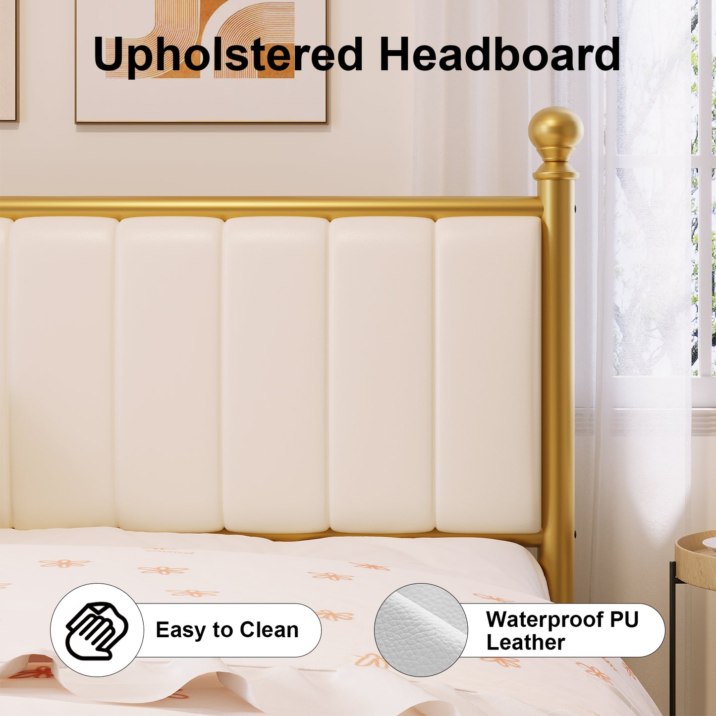 E-Motie Metal Platform Bed Frame with Upholstered Headboard, Easy Assembly, No Box Spring Needed