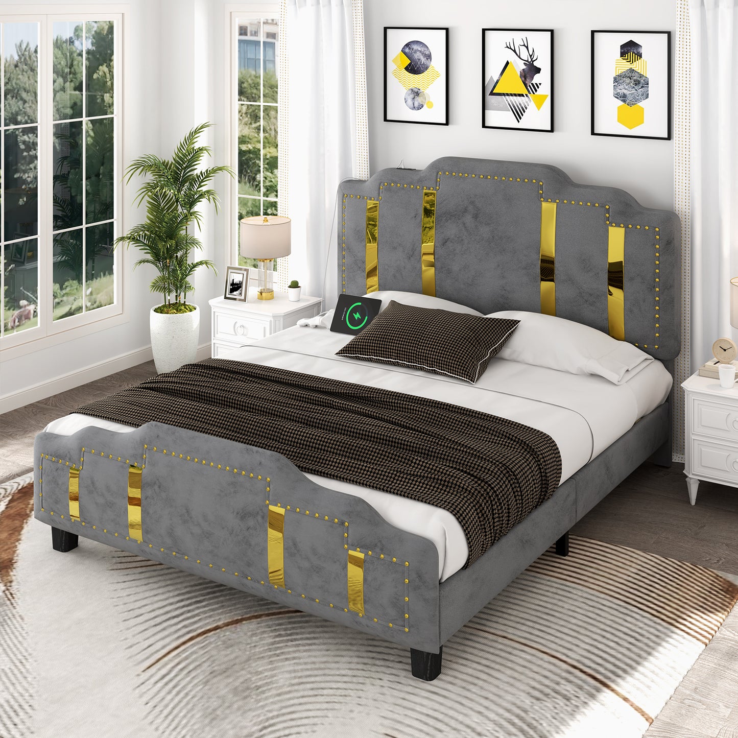 Velvet Upholstered Bed frame, Golden Metal Riveted and Sequined Headboard