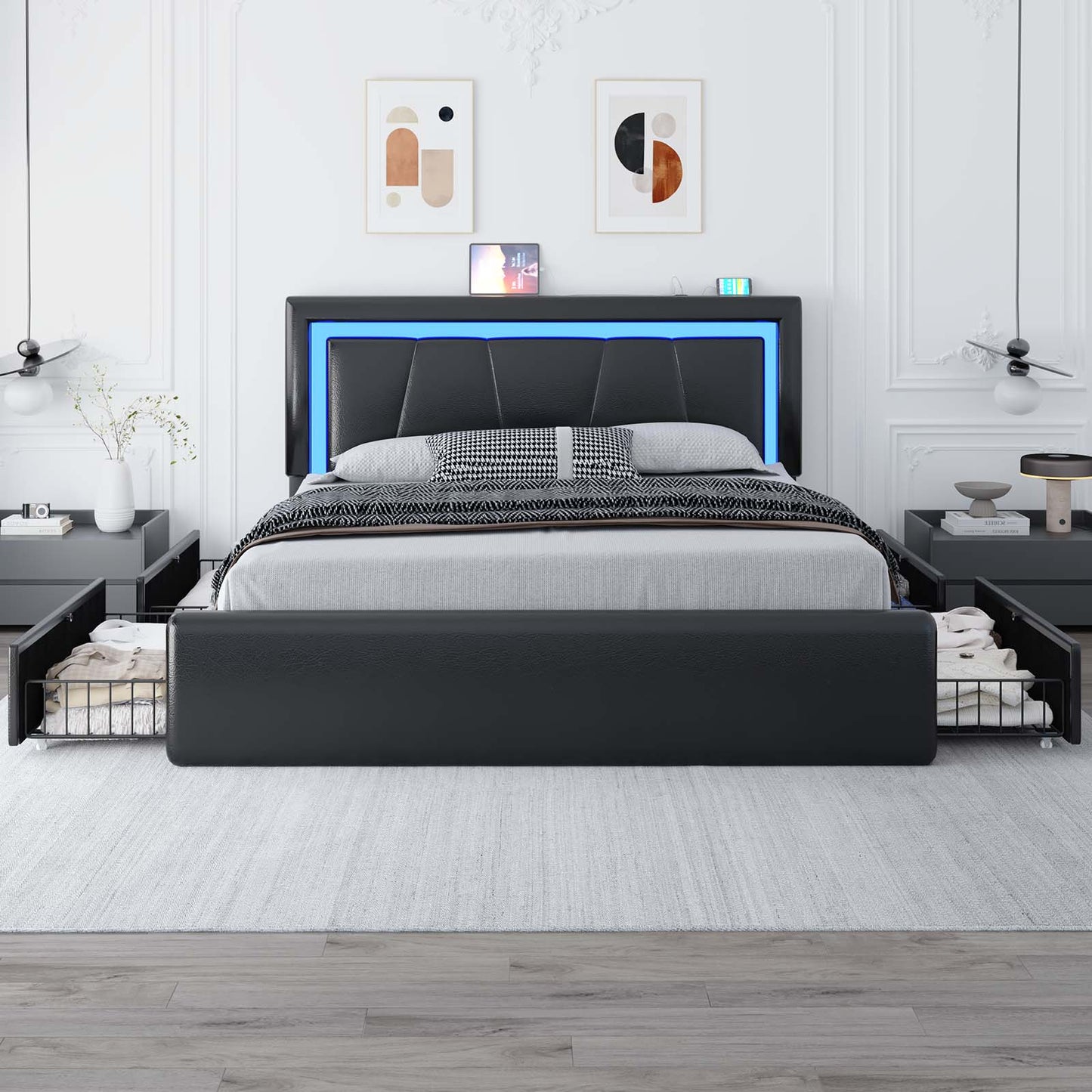 Upholstered Bed Frame with Adjustable Headboard, Upholstered Platform LED Lights Bed Frame with Charging Station