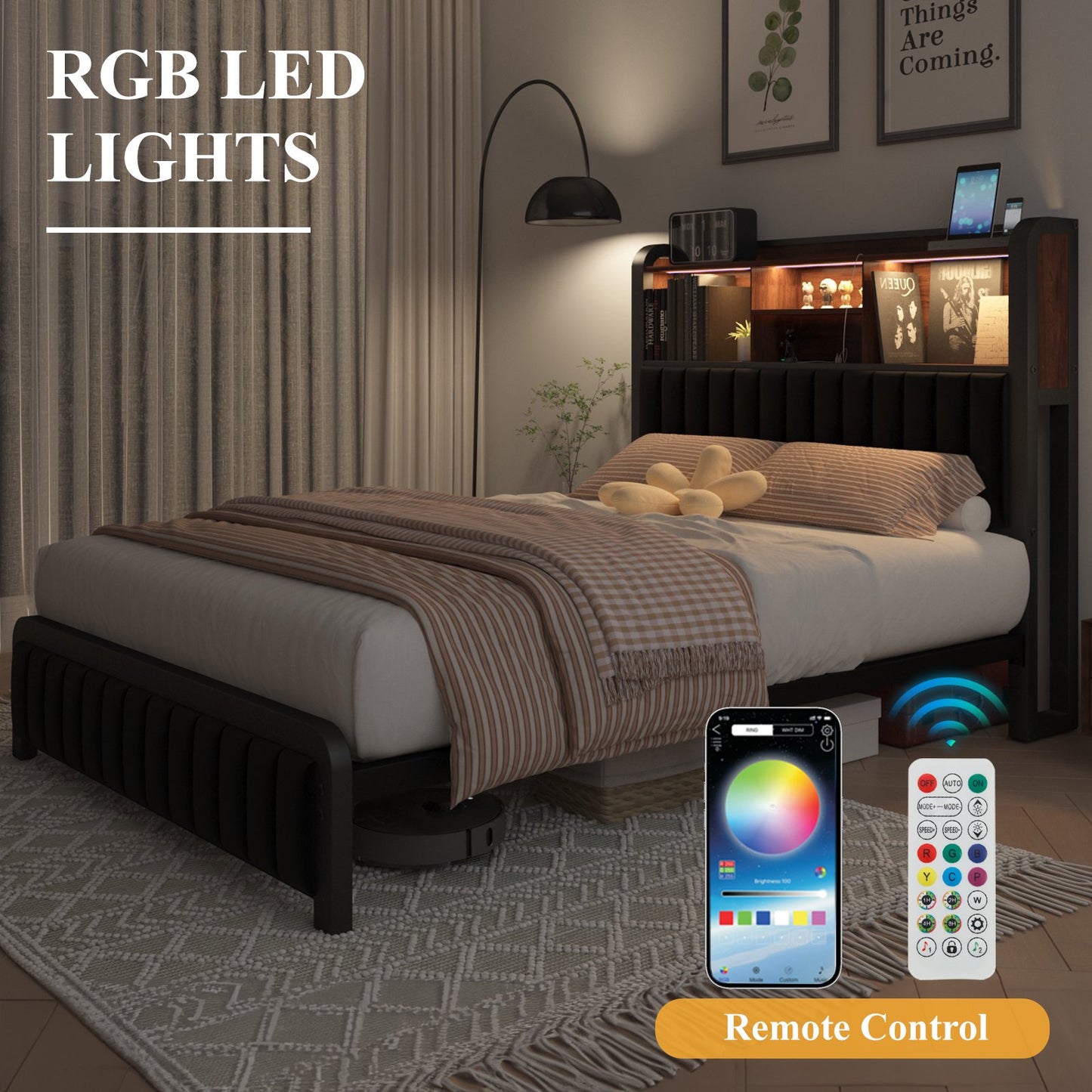 E-motie LED Bed Frame with Storage Headboard & Footboard, USB Ports & Outlets