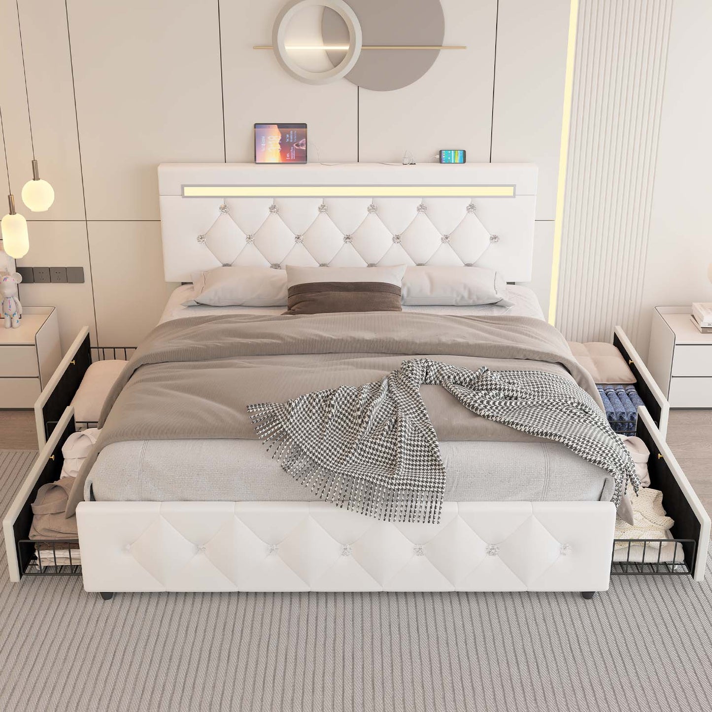 E-motie Bed Frame with Storage Drawers and Led Headboard, Platform Bed Frame Charging Station