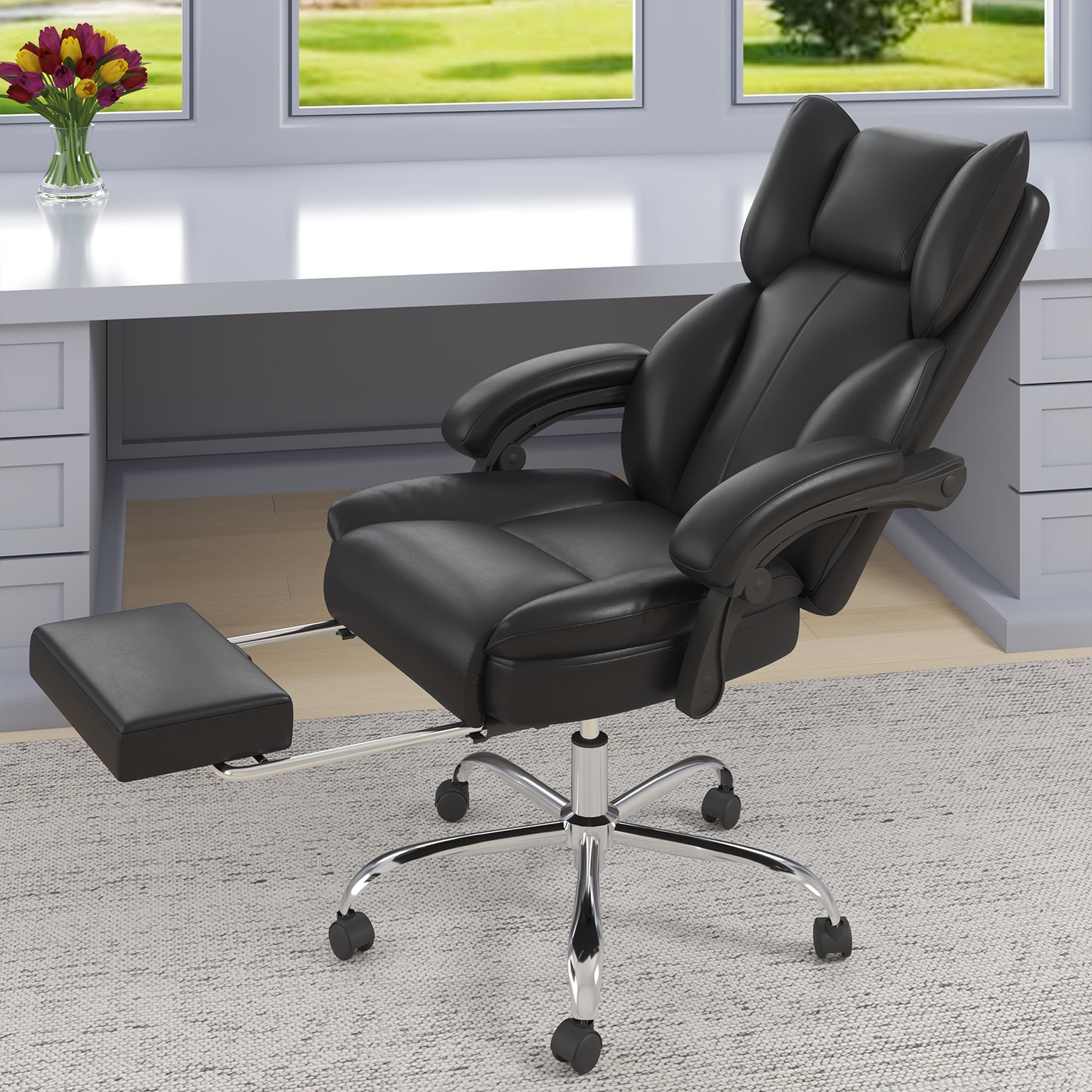 E-Motie Home Office Ergonomic Chair, High Back Computer Chair with Flip-up Arms and Footrest for Work, 600lb