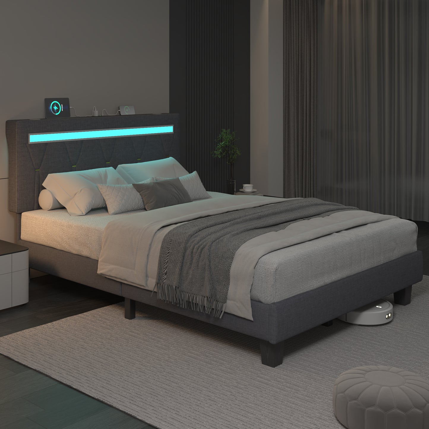 E-motie Upholstered Bed Frame with Adjustable Headboard, LED Platform Bed with Bluetooth Speakers,Charging Station