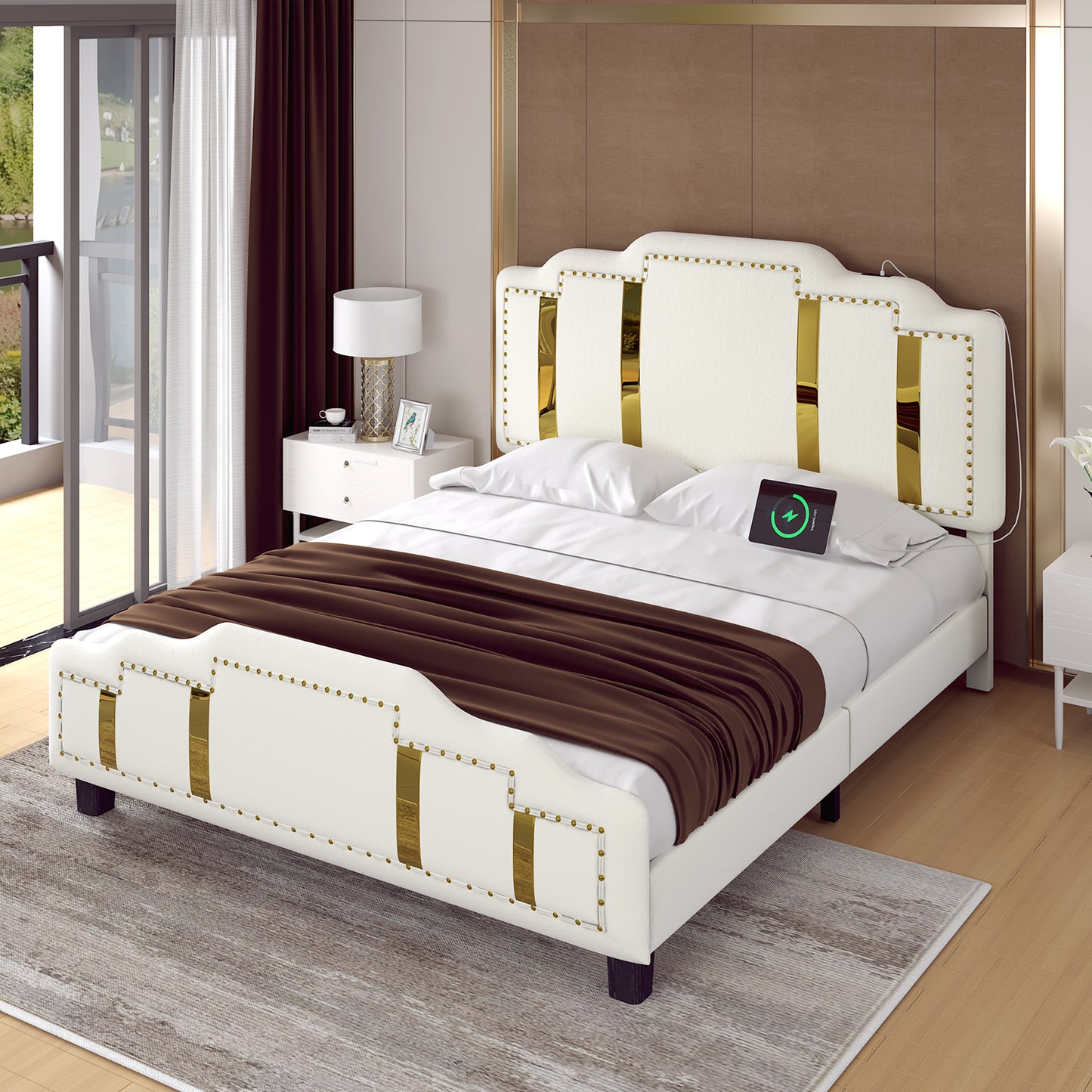 Velvet Upholstered Bed frame, Golden Metal Riveted and Sequined Headboard