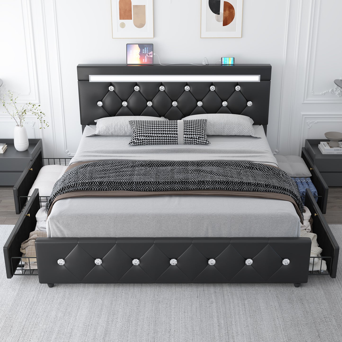 E-motie Bed Frame with Storage Drawers and Led Headboard, Platform Bed Frame Charging Station