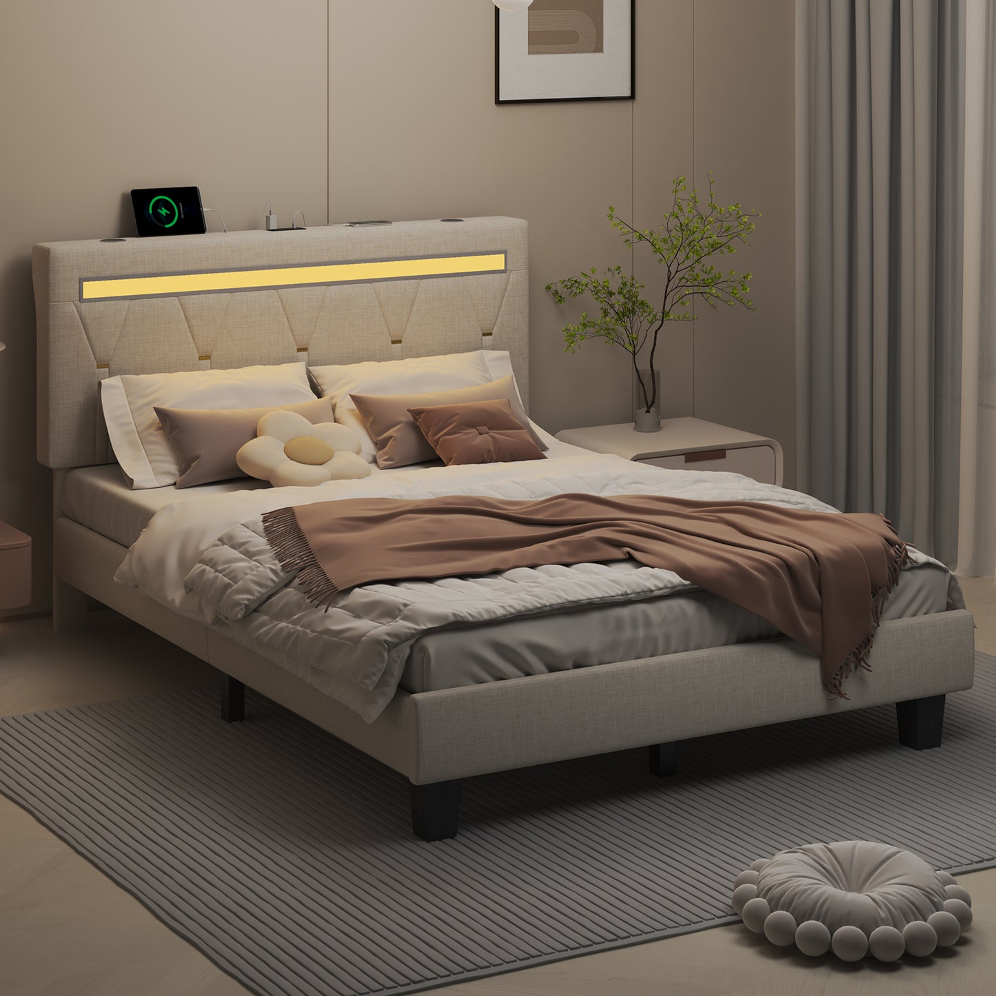E-motie Upholstered Bed Frame with Adjustable Headboard, LED Platform Bed with Bluetooth Speakers,Charging Station