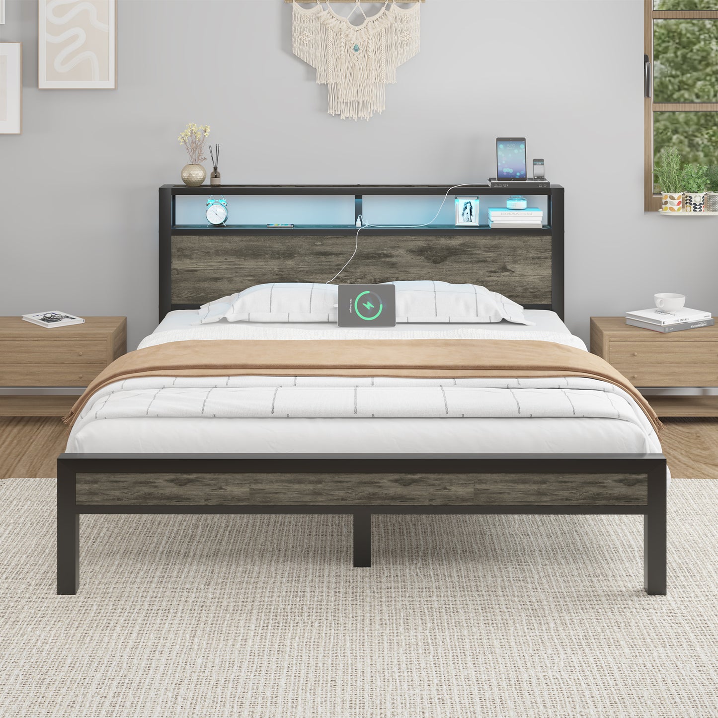 E-motie Bed Frame with Storage Headboard, Metal Platform Bed with LED Lights