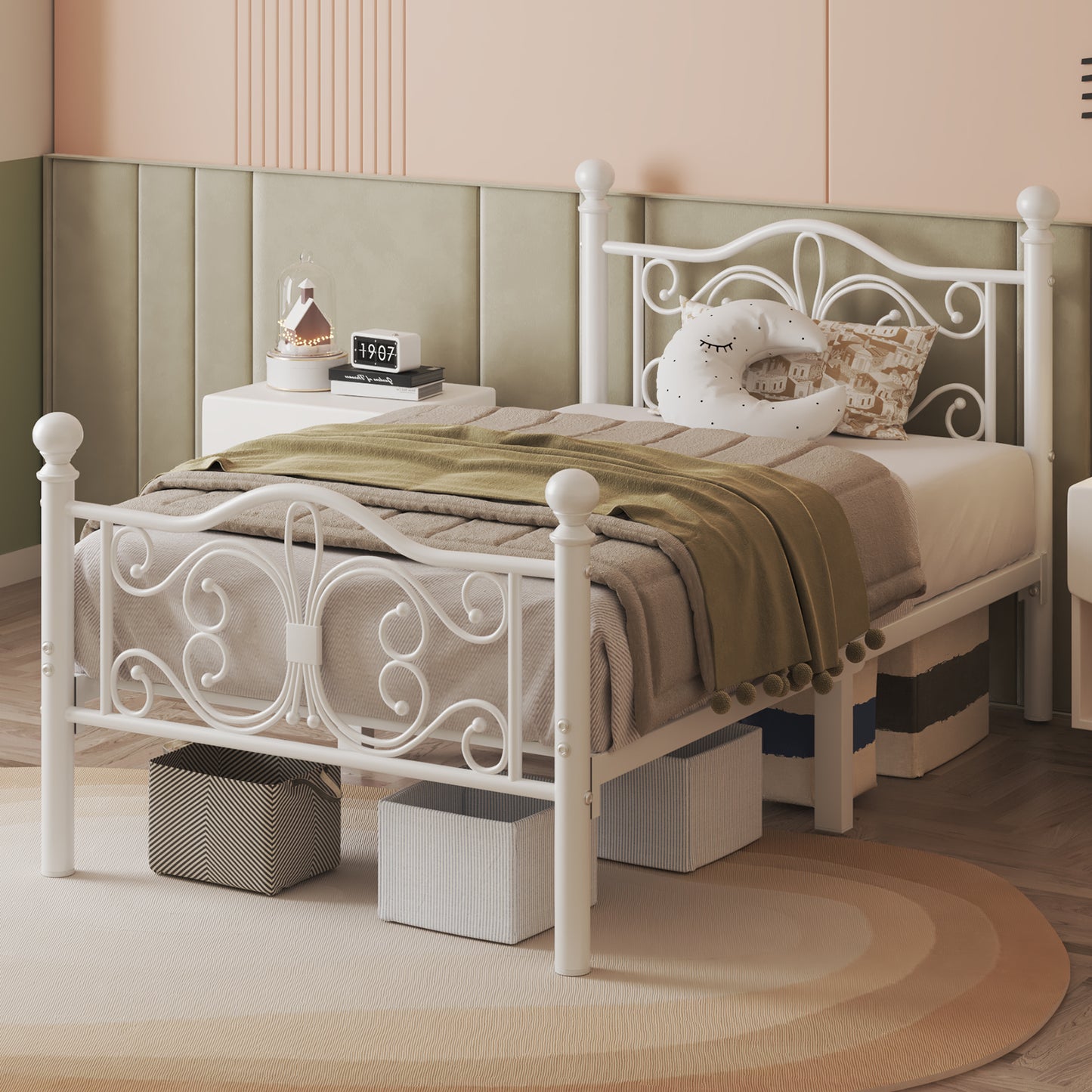 E-motie Metal Platform Bed Frame with Butterfly Pattern Vintage Headboard & Footboard, Underbed Storage