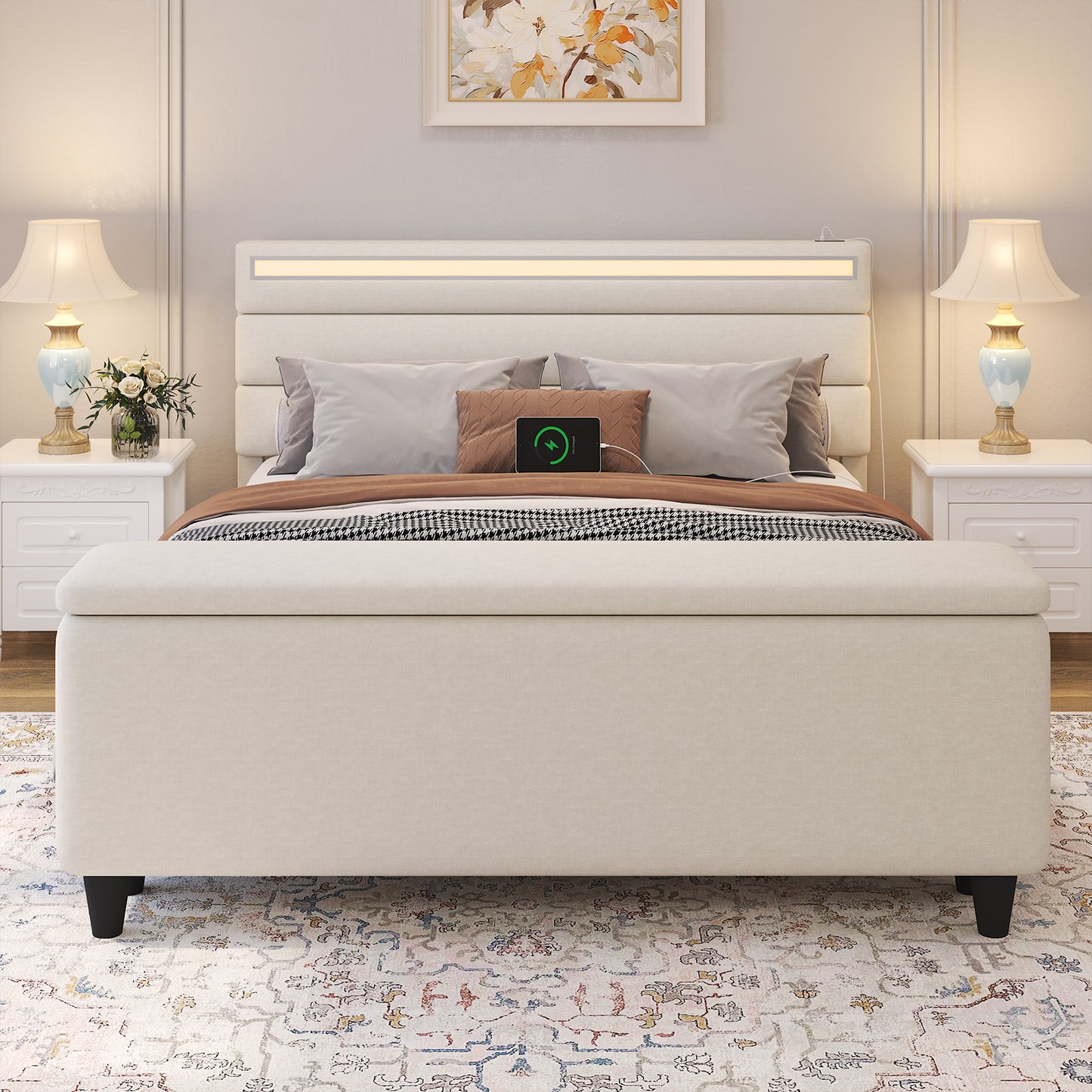 E-motie Upholstered LED Bed Frame with Storage Ottoman and Charging Ports