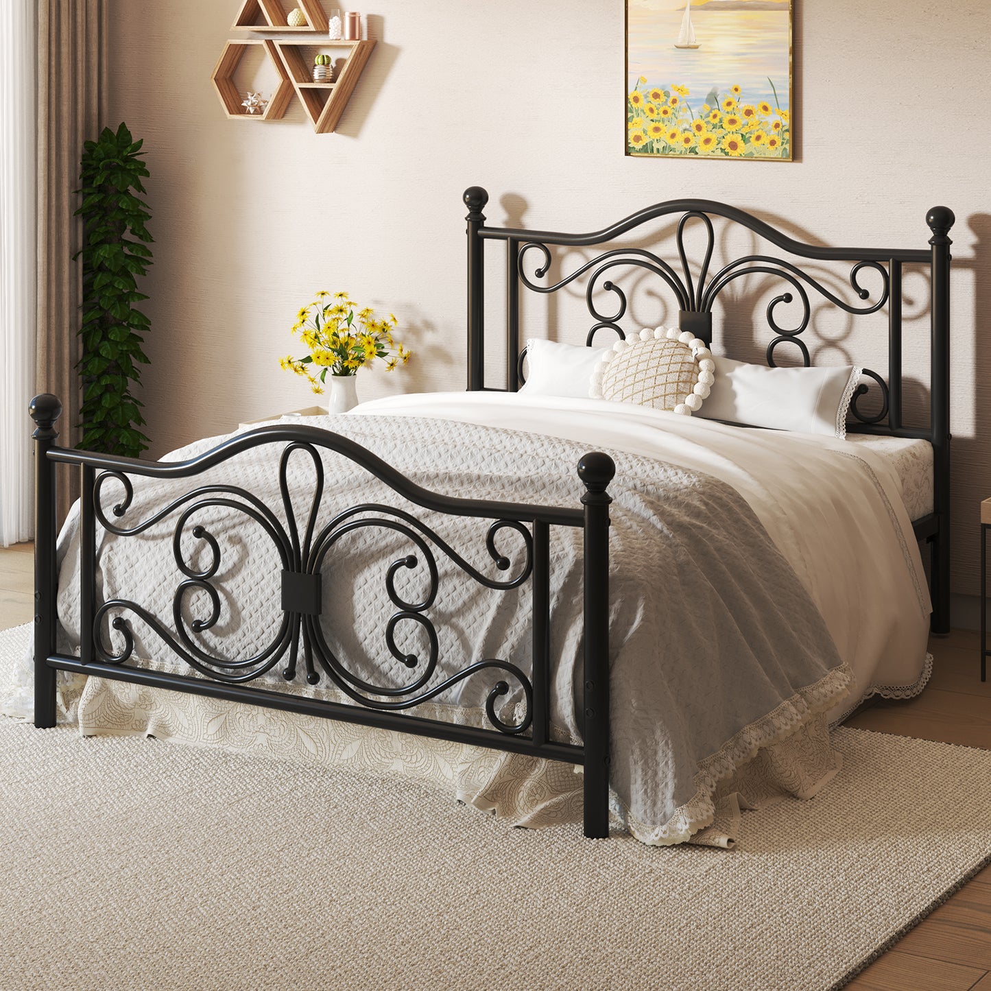 E-motie Metal Platform Bed Frame with Butterfly Pattern Vintage Headboard & Footboard, Underbed Storage