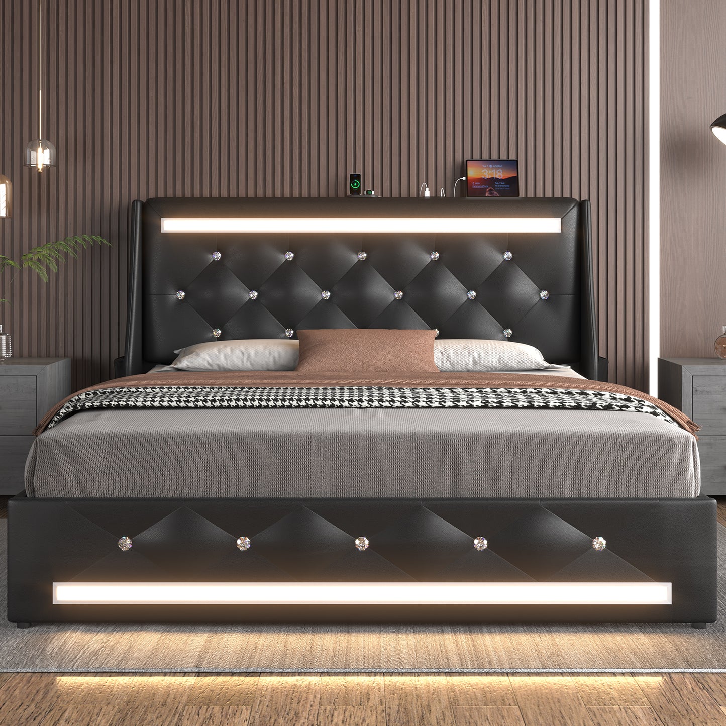 E-motie Upholstered LED Bed Frame, Wingback Crystal Button Tufted, LED&Charging Station