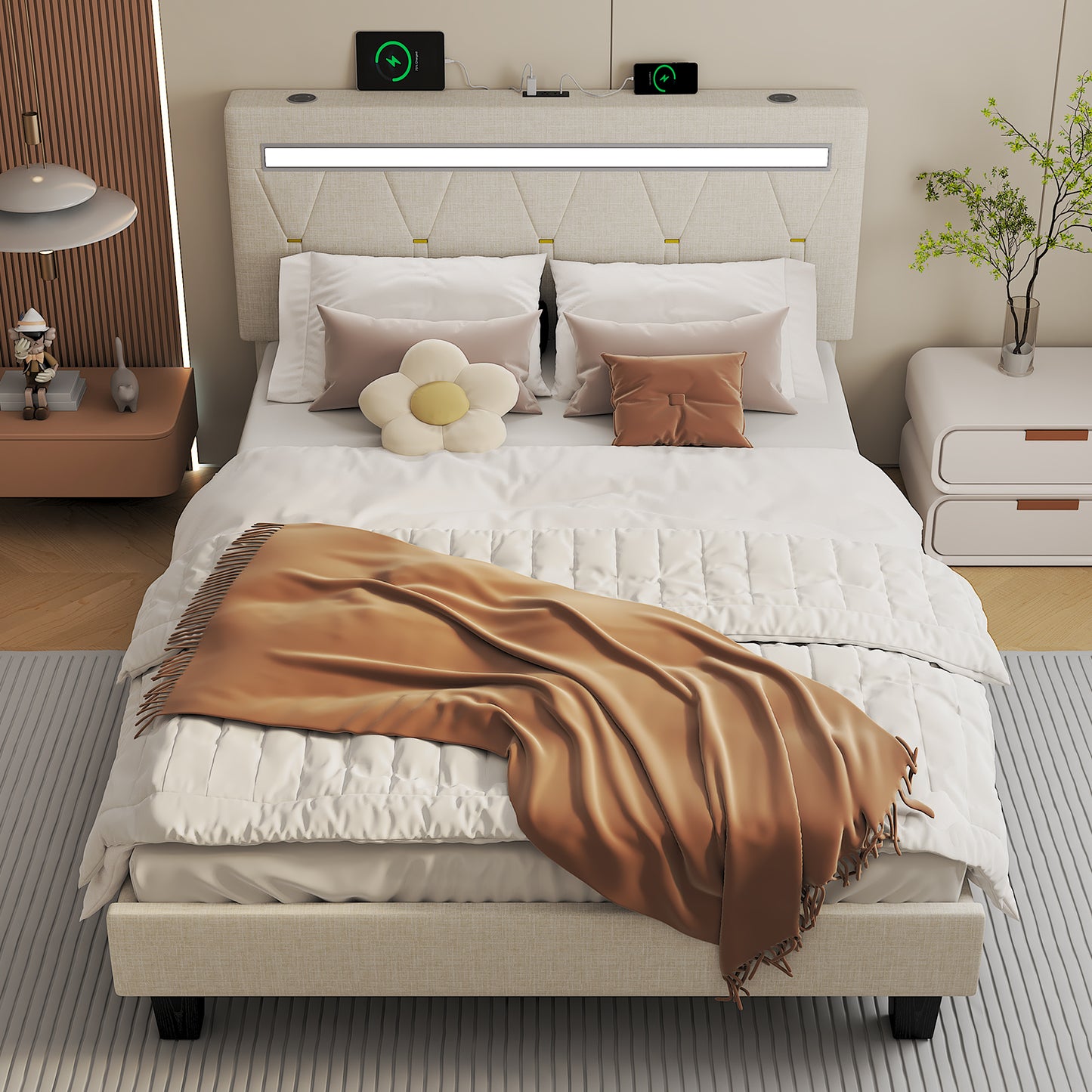 E-motie Upholstered Bed Frame with Adjustable Headboard, LED Platform Bed with Bluetooth Speakers,Charging Station