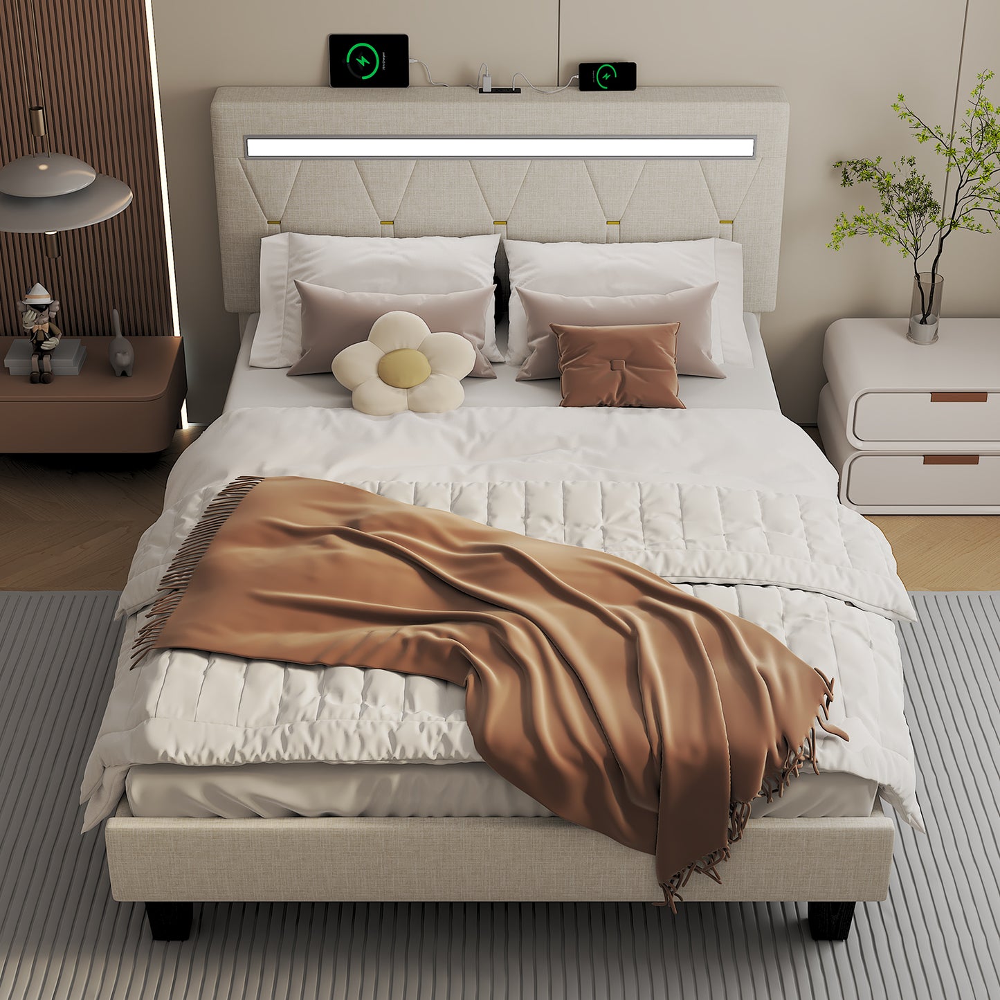E-motie LED Bed with Charging Station, Platform Bed Frame with Upholstered Button Headboard