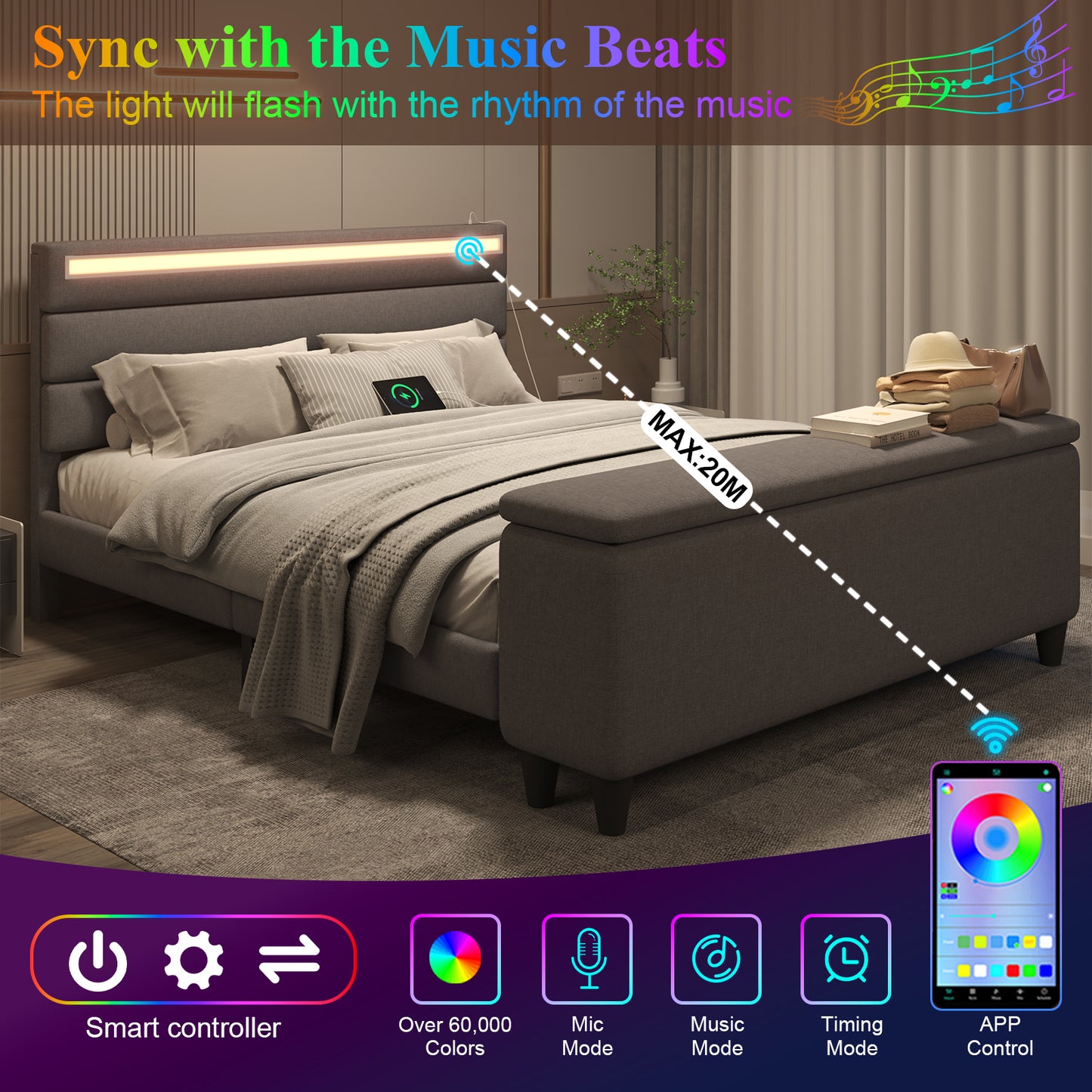 E-motie Upholstered LED Bed Frame with Storage Ottoman and Charging Ports