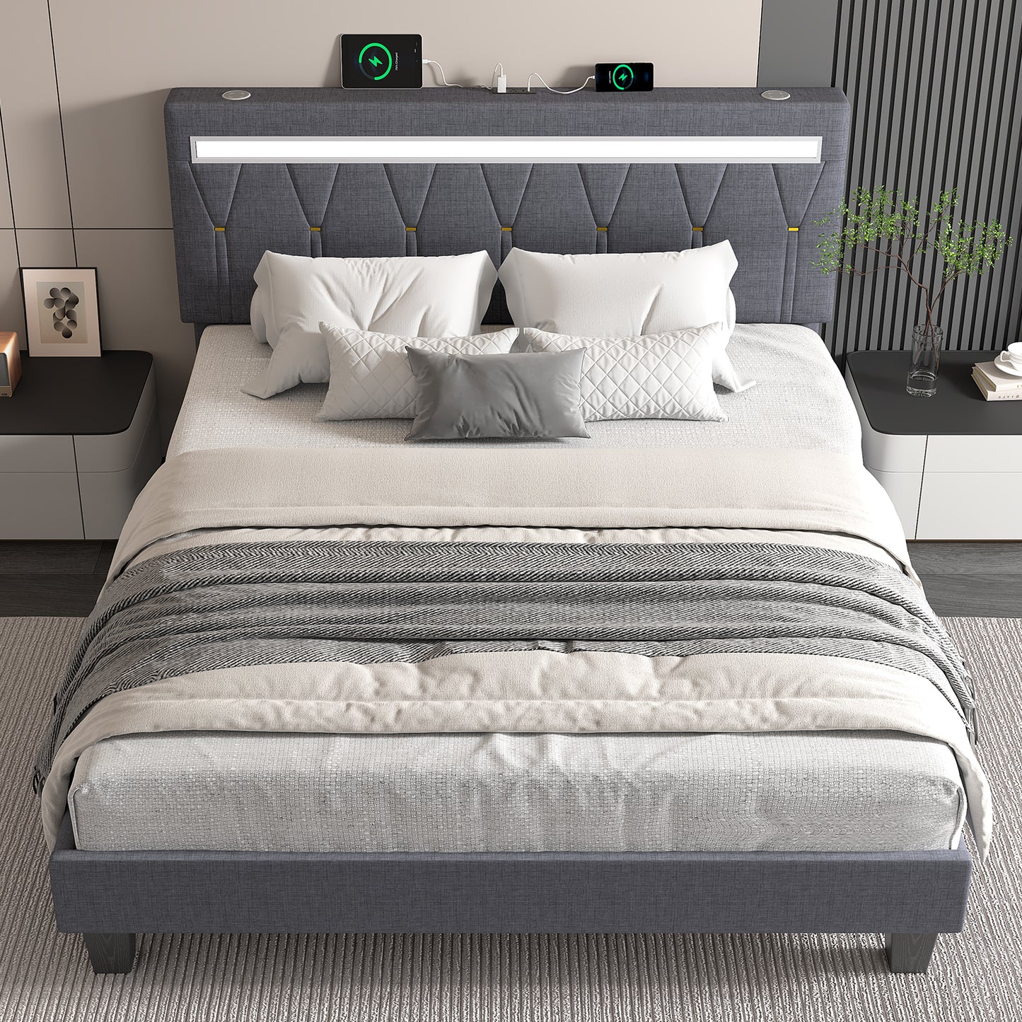 E-motie Upholstered Bed Frame with Adjustable Headboard, LED Platform Bed with Bluetooth Speakers,Charging Station