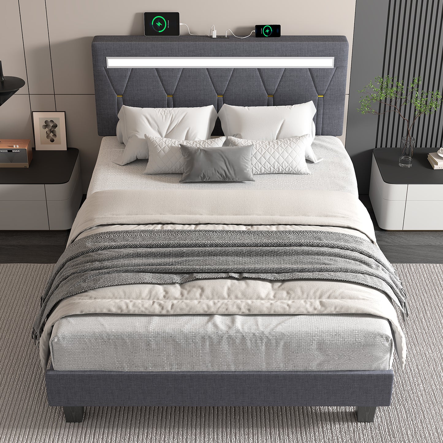 E-motie LED Bed with Charging Station, Platform Bed Frame with Upholstered Button Headboard