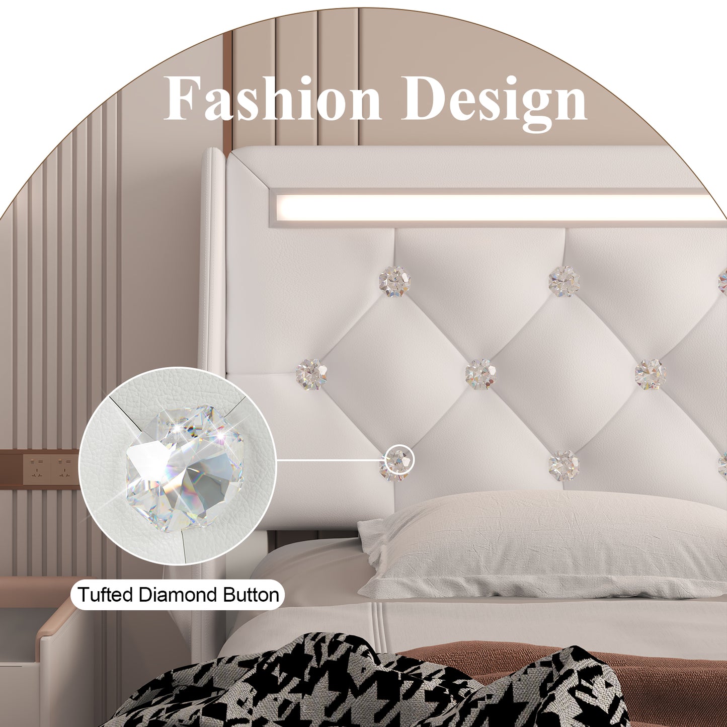 E-motie Upholstered LED Bed Frame, Wingback Crystal Button Tufted, LED&Charging Station