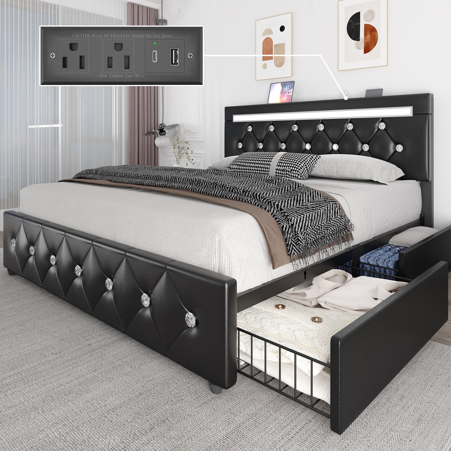 E-motie Bed Frame with Storage Drawers and Led Headboard, Platform Bed Frame Charging Station