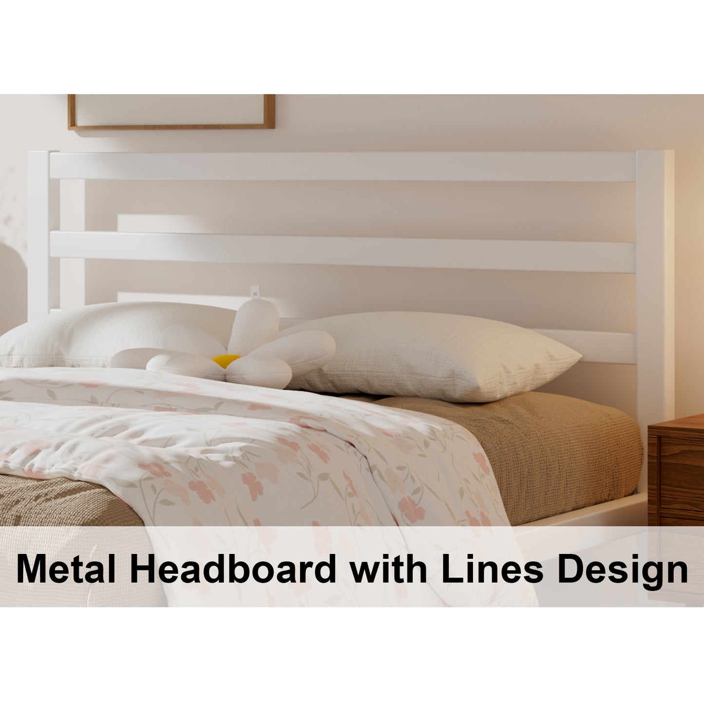 E-motie Metal Platform Bed Frame with Headboard, Under-Bed Storage