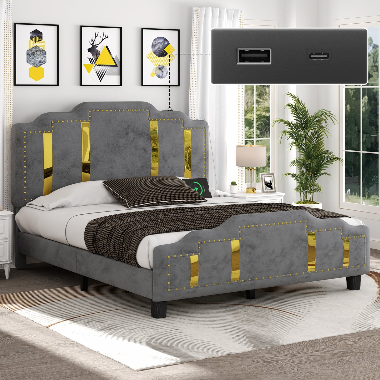 Velvet Upholstered Bed frame, Golden Metal Riveted and Sequined Headboard