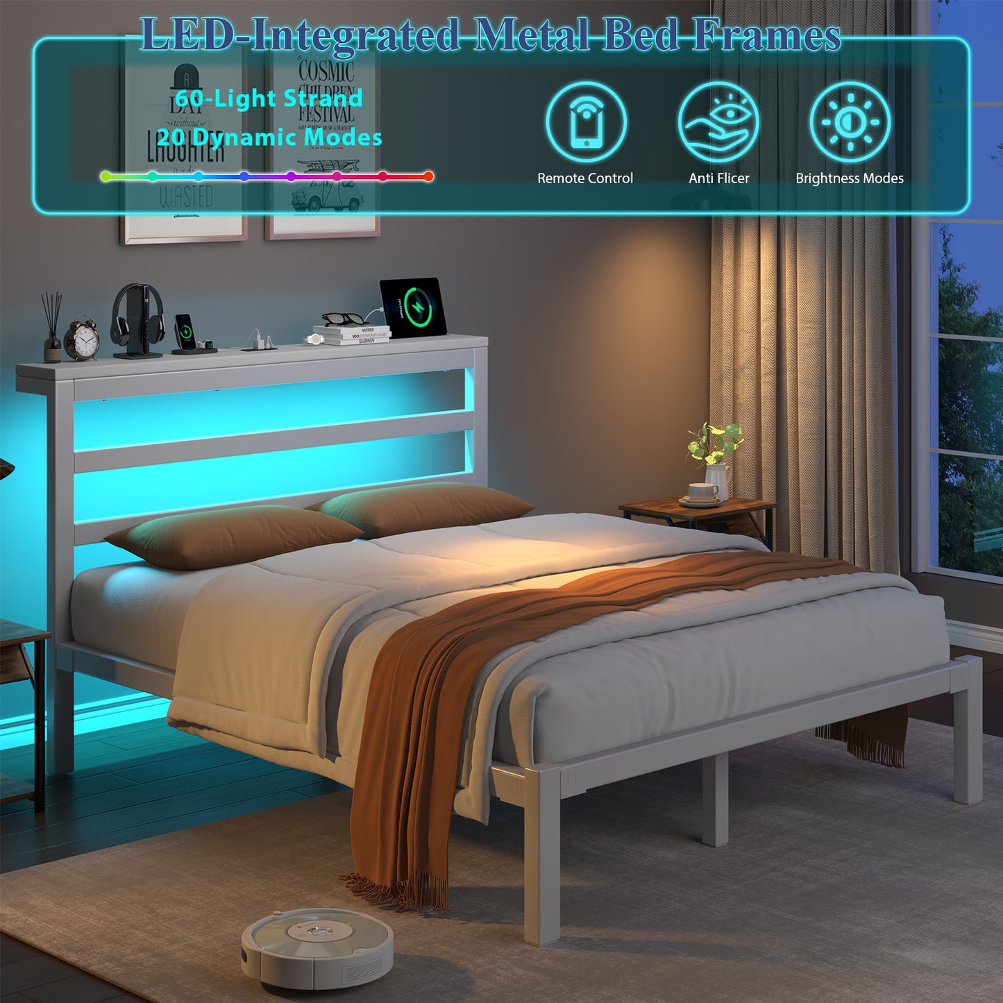 E-motie Metal Platform Bed Frame with Headboard, Under-Bed Storage