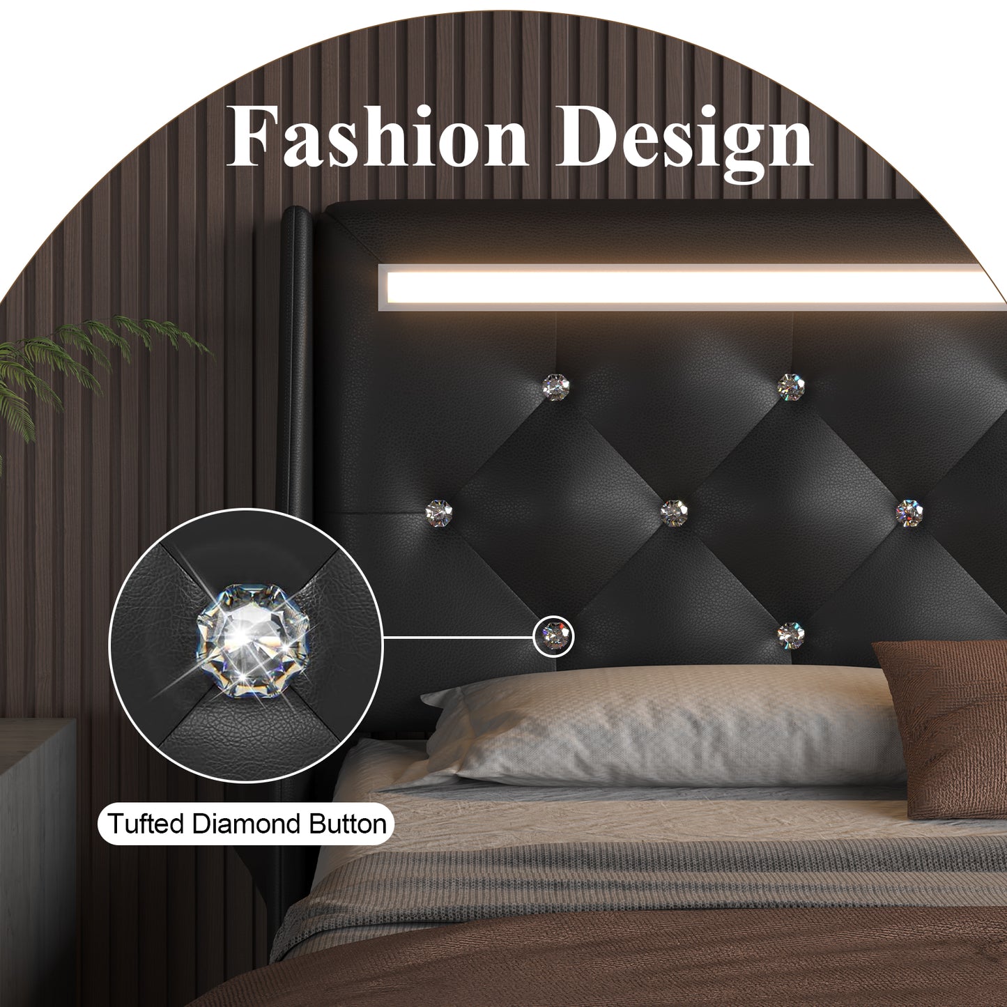 E-motie Upholstered LED Bed Frame, Wingback Crystal Button Tufted, LED&Charging Station