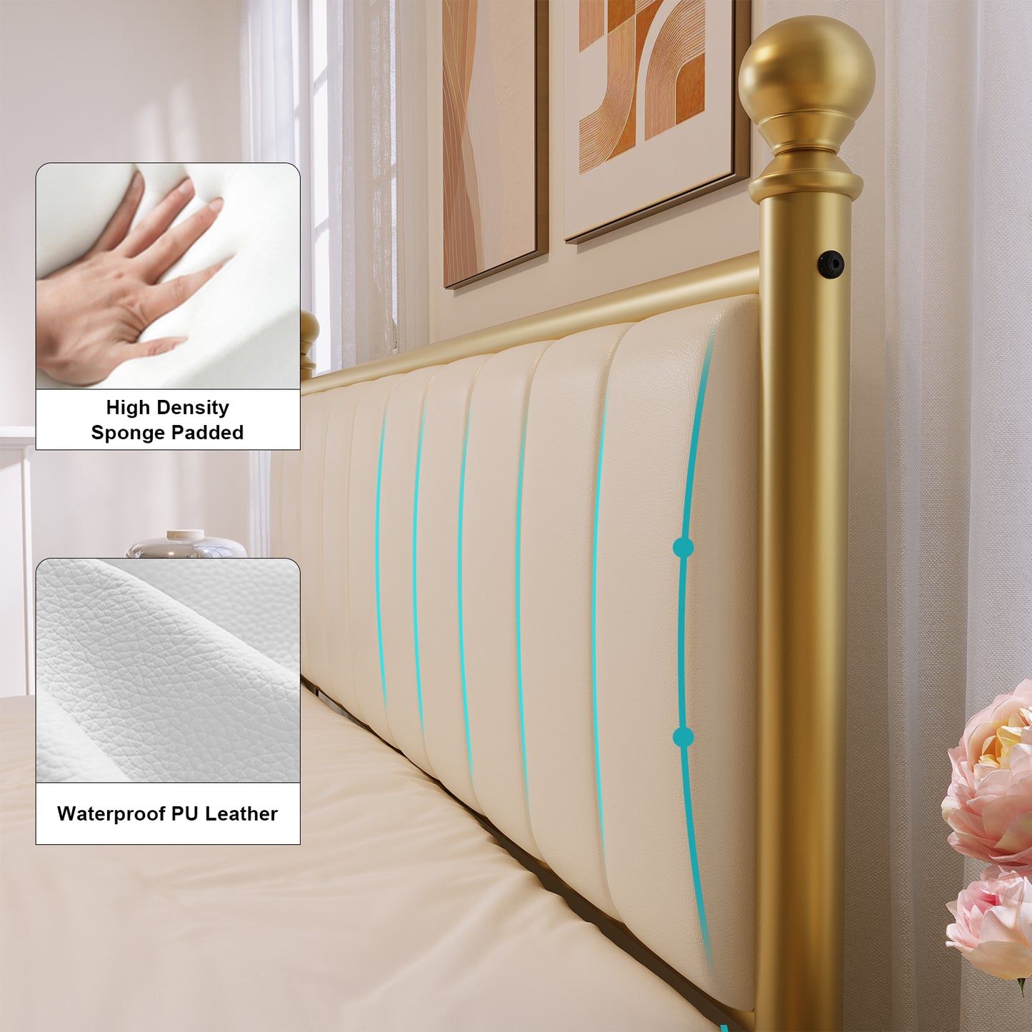 E-Motie Metal Platform Bed Frame with Upholstered Headboard, Easy Assembly, No Box Spring Needed
