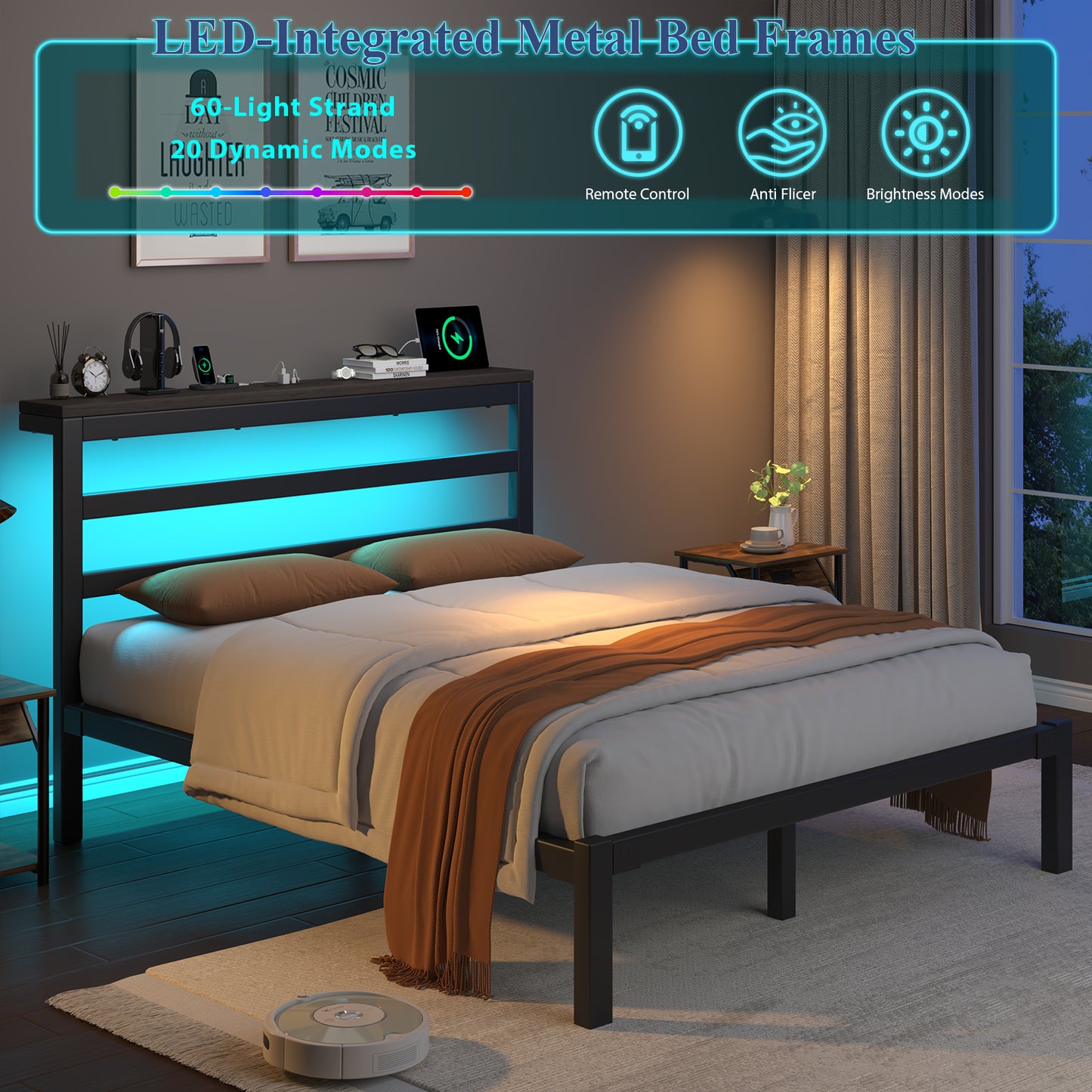 E-motie Metal Platform Bed Frame with Headboard, Under-Bed Storage