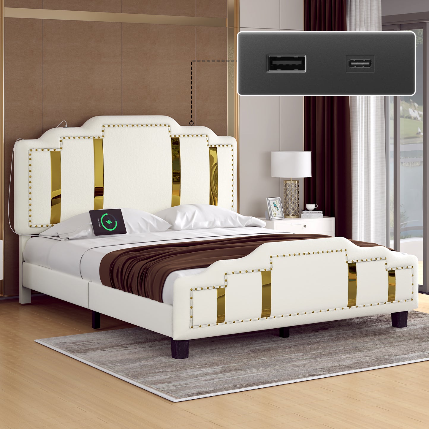 Velvet Upholstered Bed frame, Golden Metal Riveted and Sequined Headboard