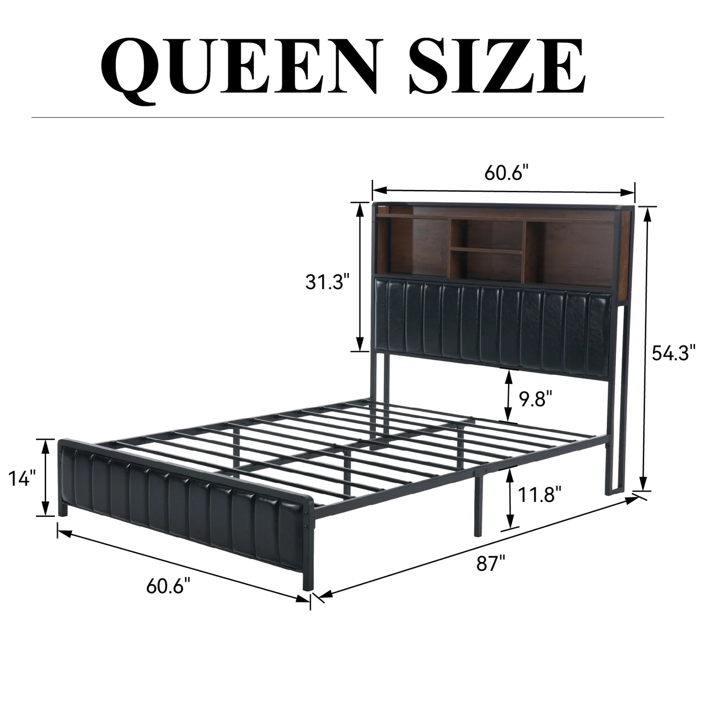 E-motie LED Bed Frame with Storage Headboard & Footboard, USB Ports & Outlets